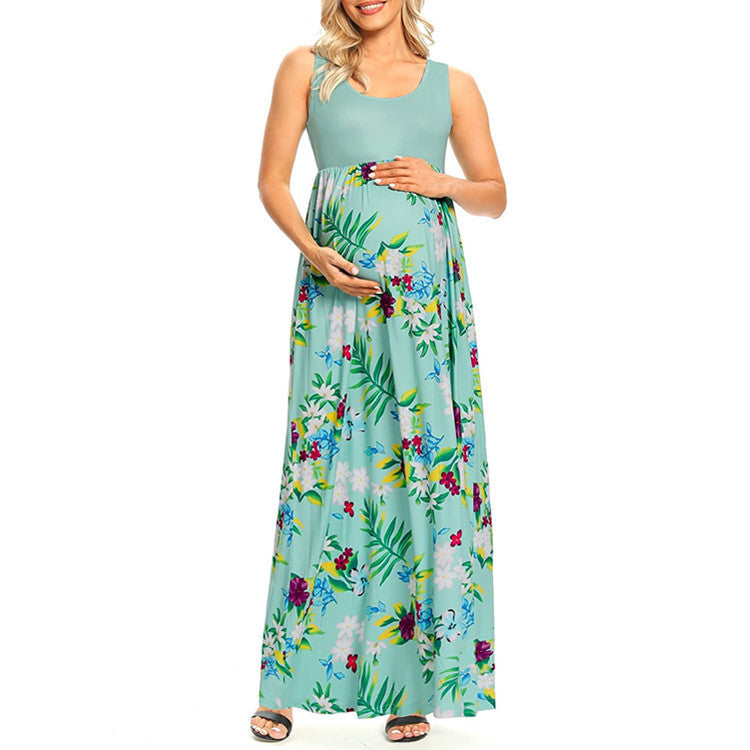 Fashion Print Stitching Round Neck Maternity Dress