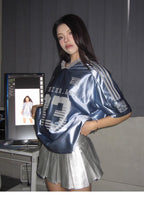 Retro V-neck Splicing Letter Print Short-sleeve