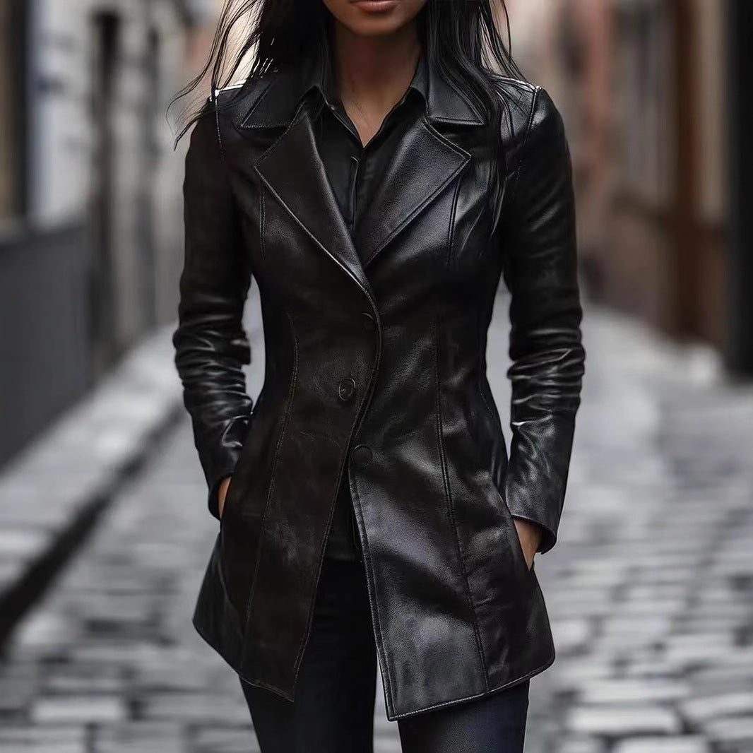 Women's PU Mid-length Casual Fashion Leather Coat