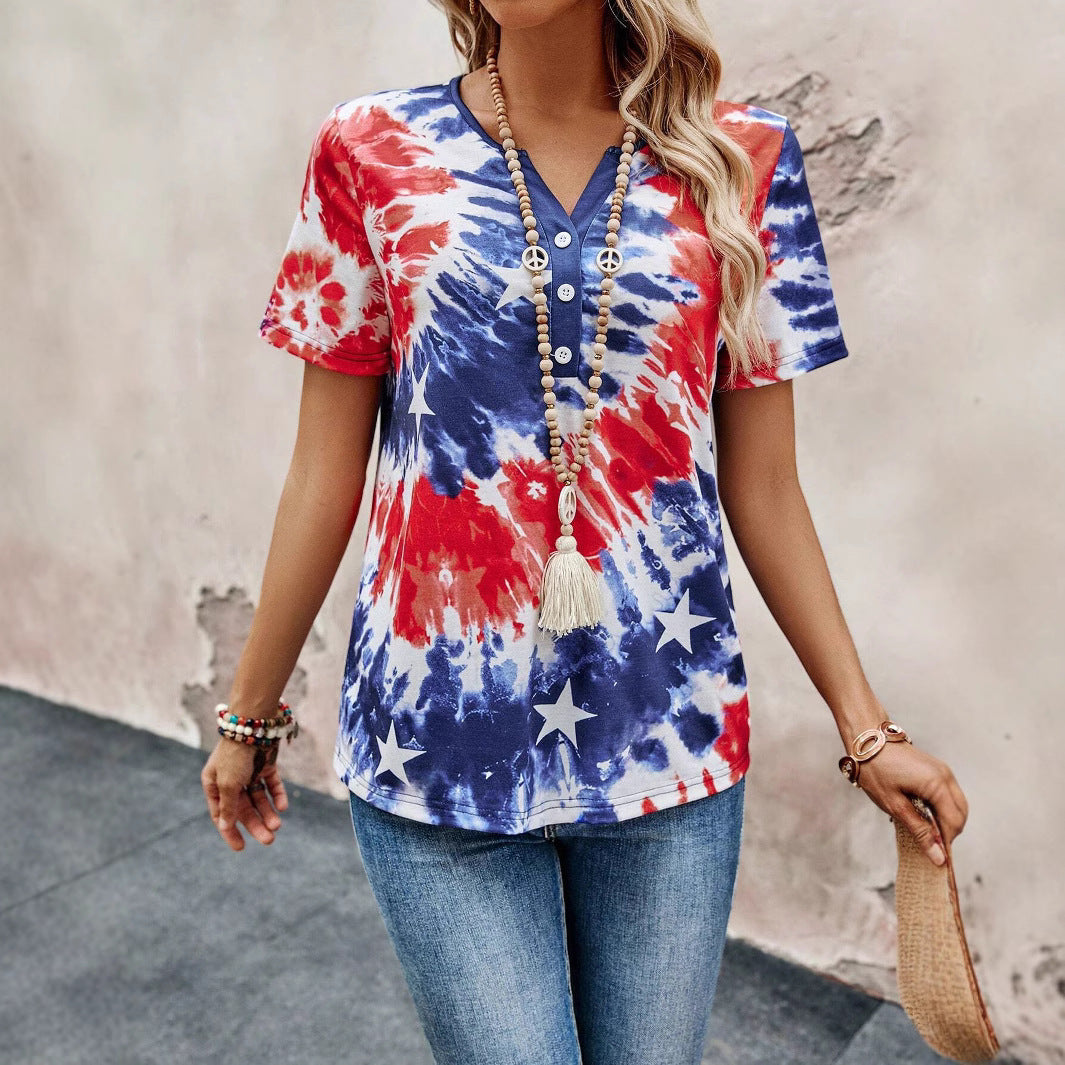 Women's Top V-neck Buttons Tie-dye Printing