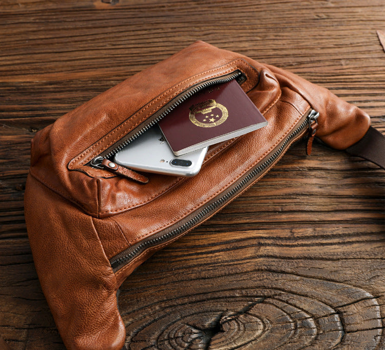 Men's Vegetable Tanned First Layer Leather Chest Bag Casual Shoulder Crossbody Backpack