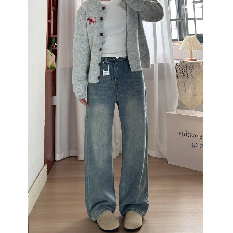 Retro Blue Wide Leg Jeans Women's Spring And Autumn High Waist Loose