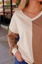 Apricot Color Block Wide Ribbed V Neck Top