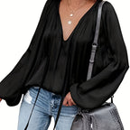 Women's Satin V-neck Long Sleeve Shirt Casual